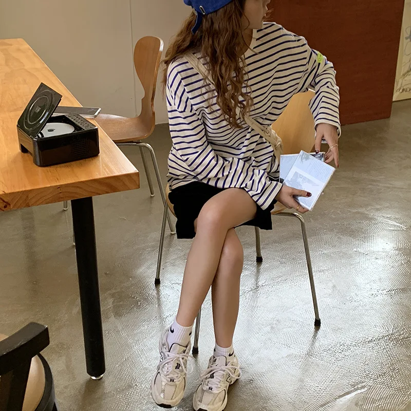 

Contrast Color Striped Long-Sleeved T-shirt Female 2021 Spring Loose Casual Laid-Back Style Inner Wear Blouse