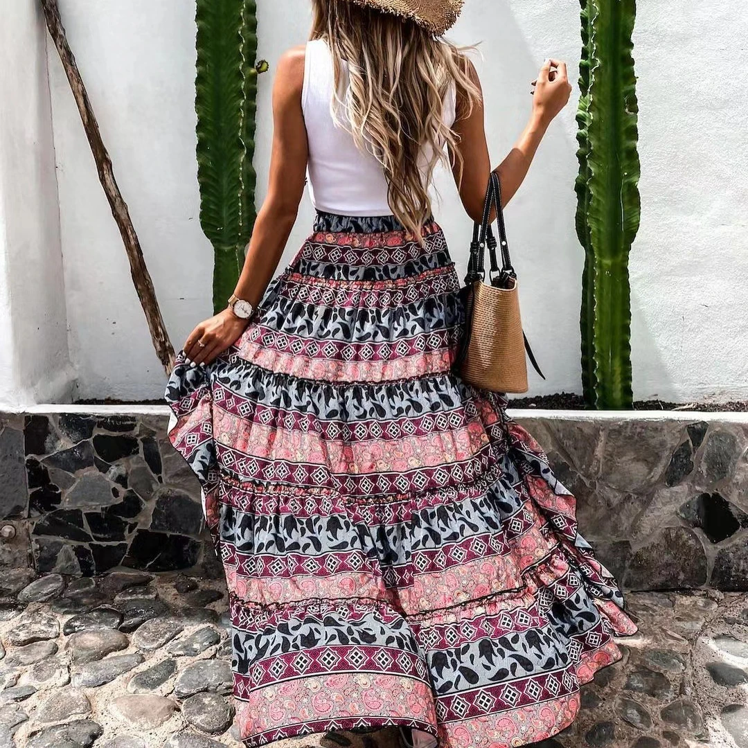 

Women Summer Asymmetrical Bohemian Boho Midi Skirts Vintage Beach Long Floral High Waisted Maxi Skirt Casual Fashion Streetwear