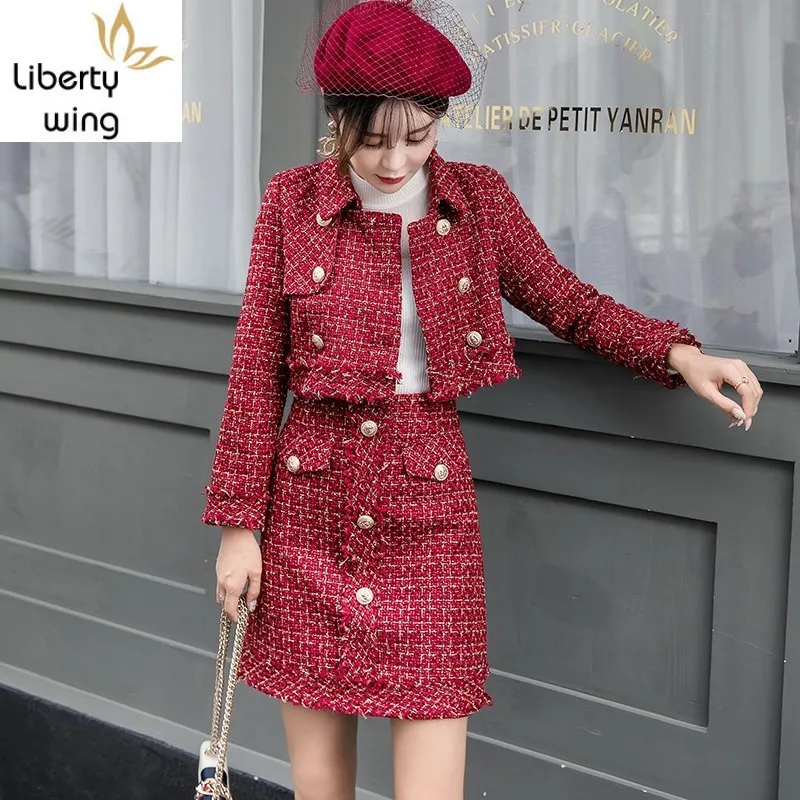 Brand Women Tweed Suit Short Jacket High Waist Mini Skirt Plaid Twill Two Piece Set Buttons Office Ladies Party Outfits Sets enlarge