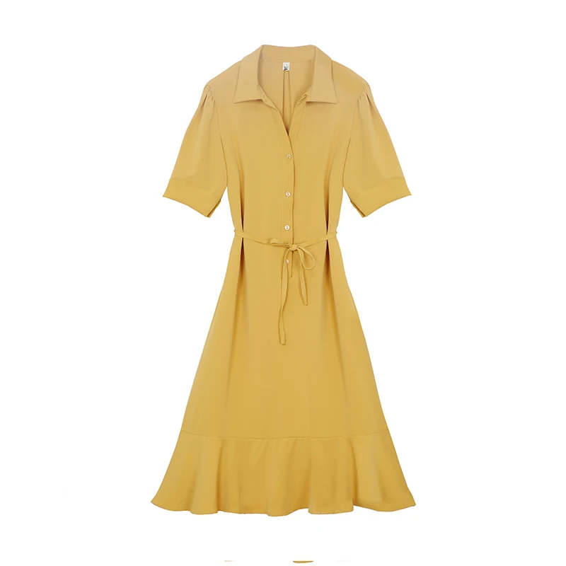

Women Casual Summer Loose Short Sleeve Bandge Turn Down Collar Autumn Dress Vestidos