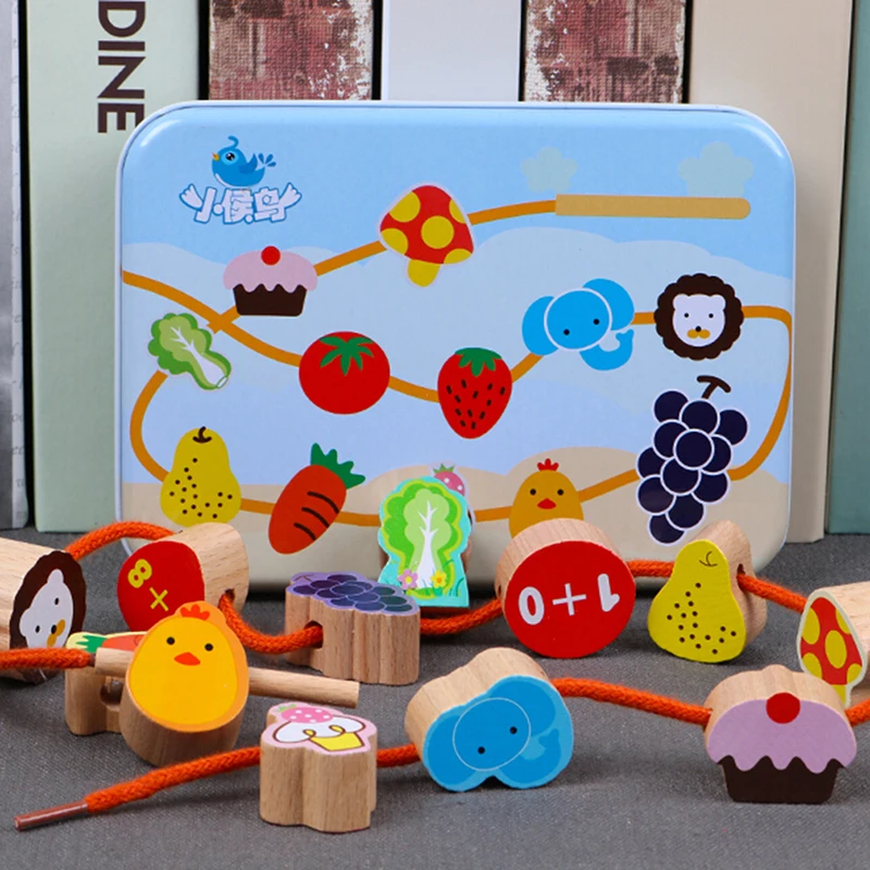 

New Wooden Toys Baby DIY Toy Cartoon Fruit Animal Stringing Threading Wooden Beads Toy Monterssori Educational For Children