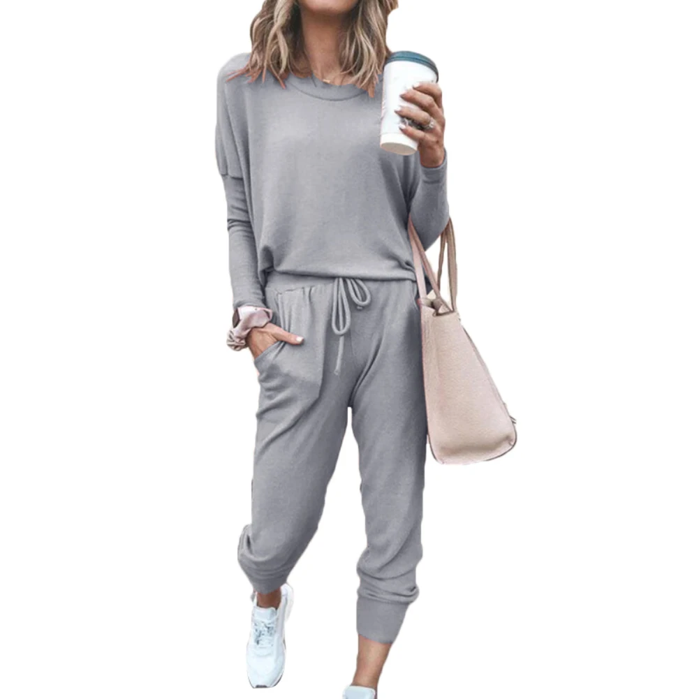 

2Pcs Casual Women Solid Color O Neck Long Sleeve Shirt Drawstring Pants Tracksuit elastic skinny leggings sportswear slim outfit