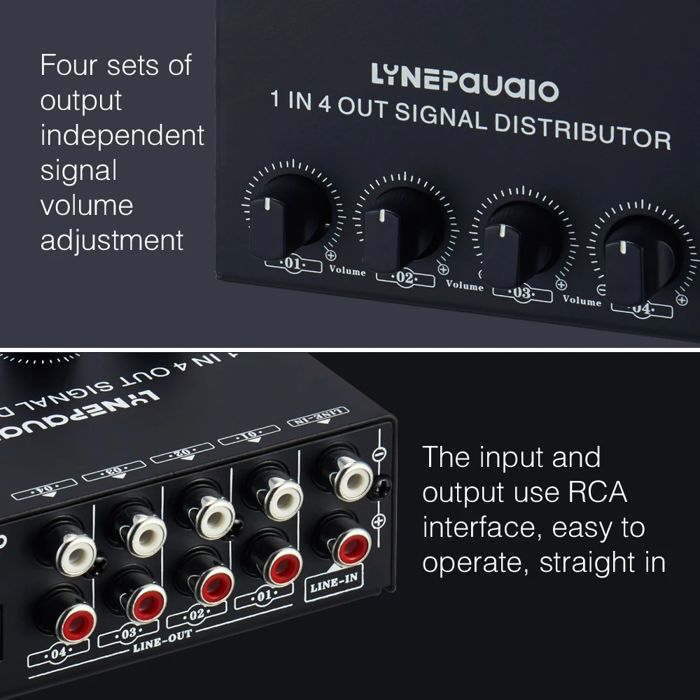

1-in-4-out Stereo Audio Amplifier Amp Signal Distributor 1 Channel Input 4 Channels Output RCA Interface Independent