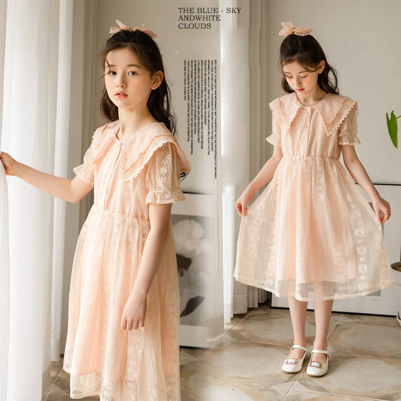 

Girls Formal Dress Elegant Kids Pink Lace Princess Dresses Doll Collar Children Clothing 8 10 Years Teenager Birthday Party Gown
