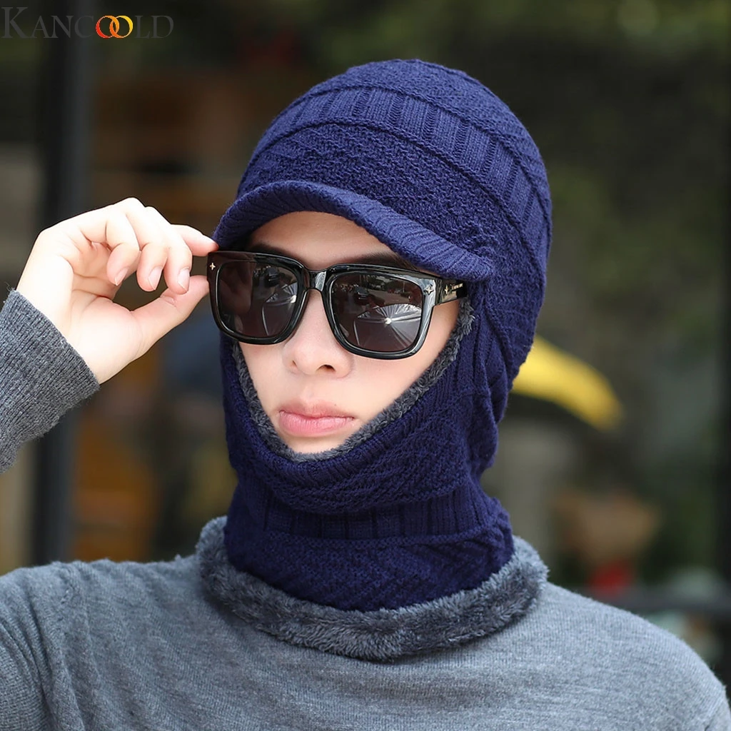ACCGLORY Мужская теплая шапка зимняя утолщенная и шарф двухсекционная вязанная