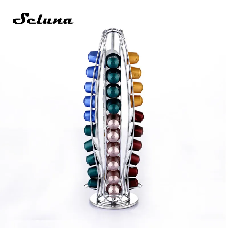 

Seluna Capsule Coffee Pod Holder Tower Stand Rack Nespresso 40 Cups Iron Plating Coffee Shelves Rotary Storage Stainless Steel