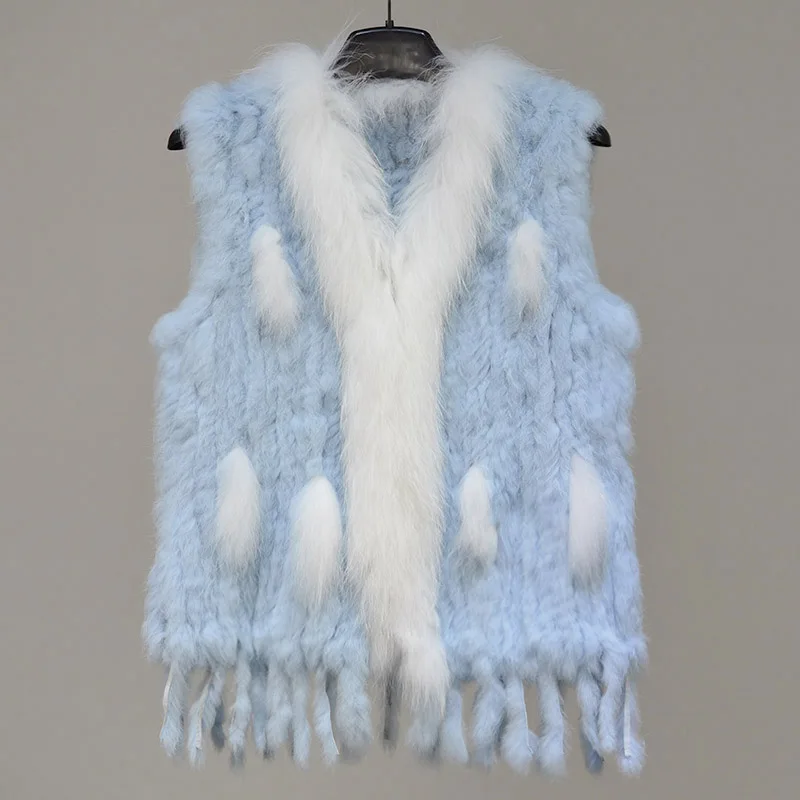

VR006 Hot wholesale rabbit Fur vest coat Women Knitted Natural raccoon fur collar waistcoat jacket plus size 4xl
