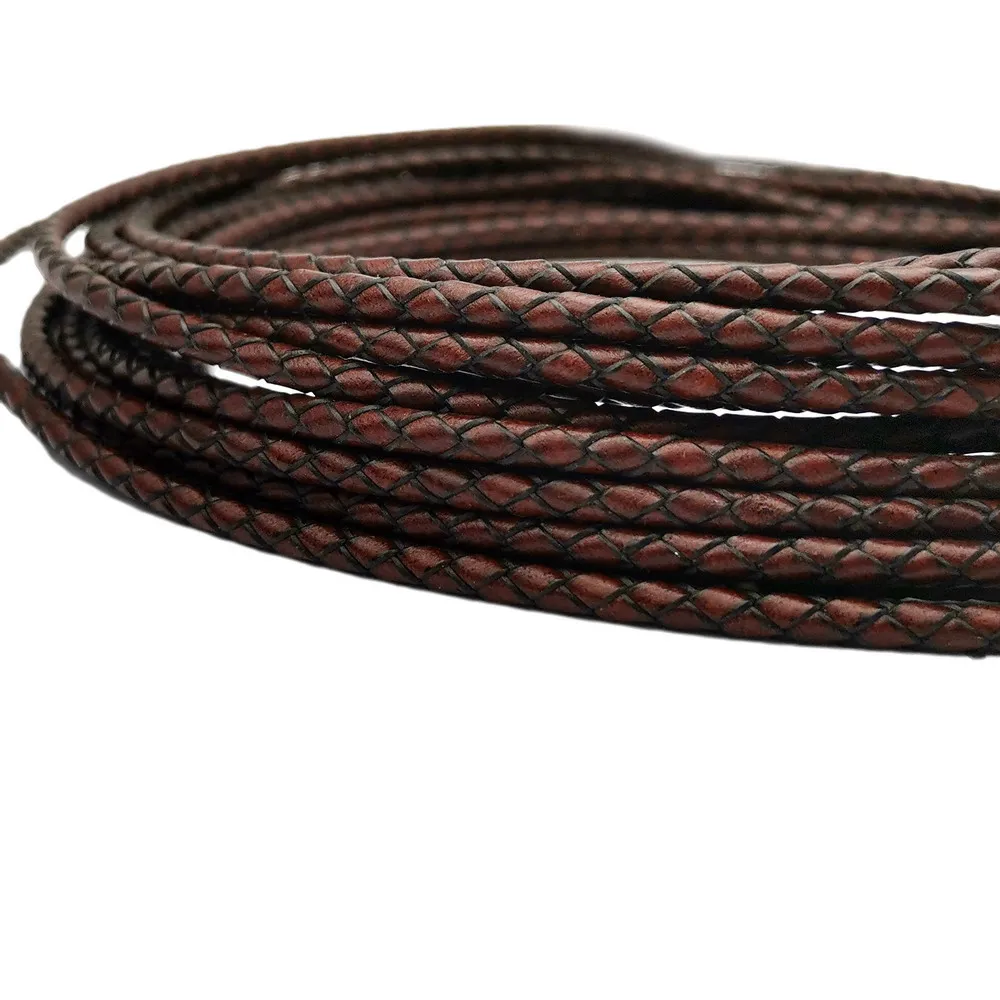 

5 Yards 4mm Antique Red Brown Braided Leather Cords Woven Folded Genuine Leather Strap Jewelry Making Bolos Tie