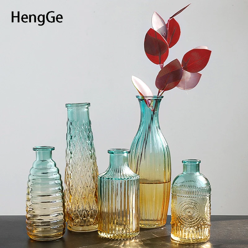 

Retro Relief Vase European Style Transparent Glass Decor Vase Living Room Countertop Terrarium Flower Pots Table Decorations