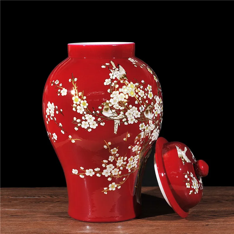 Китайская винтажная керамическая баночка с крышкой большая красная дизайном