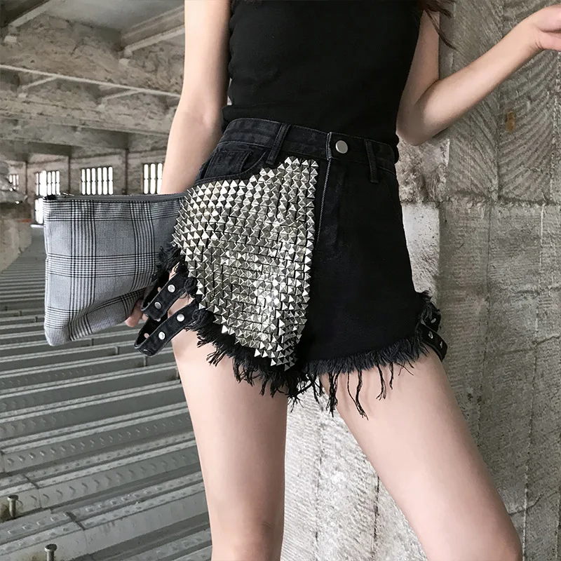

Black Denim High Waist Shorts Women's New Personality Rivets Loose Wide-legs Raw Edge Ripped Hot Pants