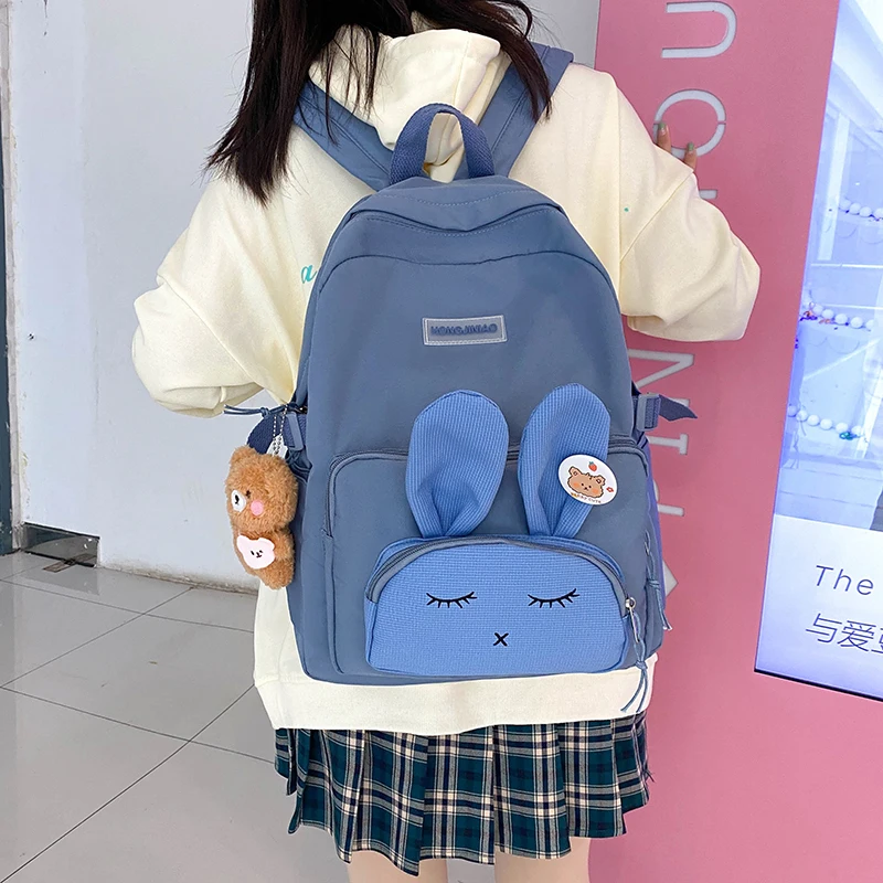 

Fashion Women Backpack Cute Bunny Decoration School Bag For Girls Nylon Large Waterproof Student Shoulder Bags Travel Bags 2022