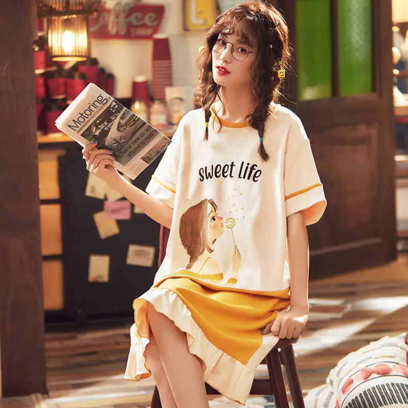 Short-sleeved Nightdress Female Summer Cotton Korean Student Loose Pajamas Female Spring and Autumn Thin Section Princess Skirt