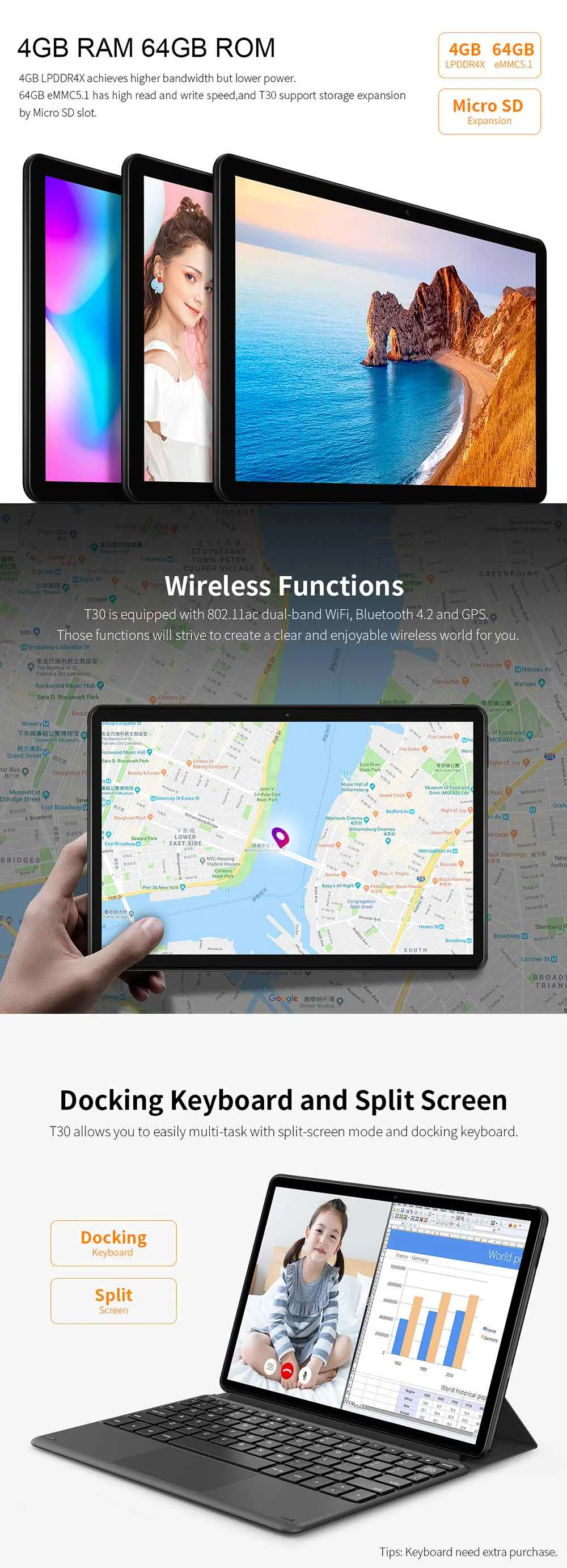 Teclast T30 10,1 дюймов 2.5D планшетный ПК 4 ГБ ОЗУ 64 Гб ПЗУ MTK Helio P70 4G Вызов двойной WiFi Восьмиядерный 1920*1200 ips Android 9,0