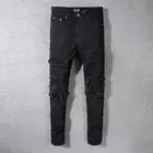 Мужские рваные джинсы, черные Стрейчевые зауженные джинсы на все сезоны, рваные, состаренные, байкерские джинсы