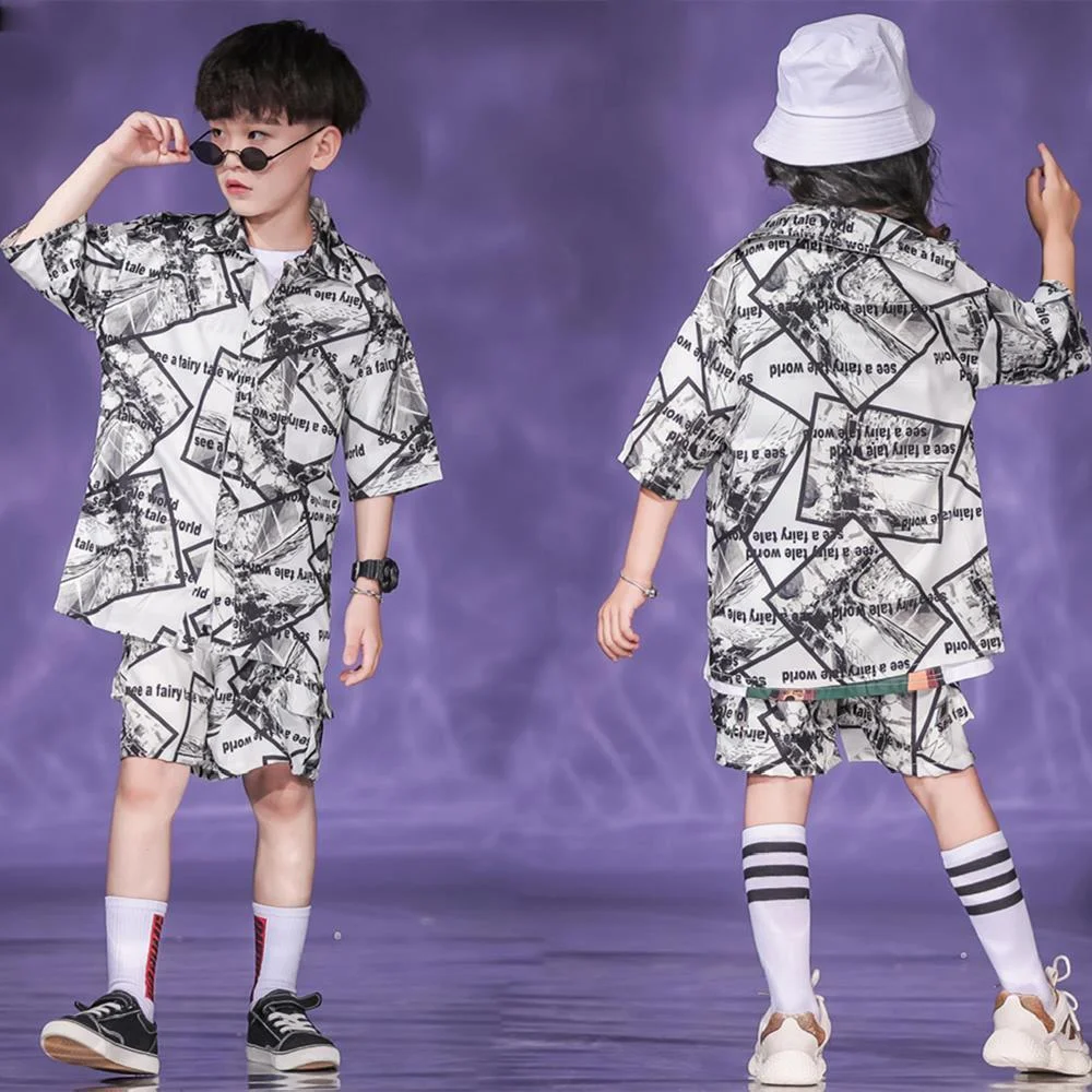 

Boys Hip Hop Graffiti Shirt Girls Loose Shorts Street Dance Short Sleeve Cool Clothes Sets Kids Summer Outfit Fashion Streetwear