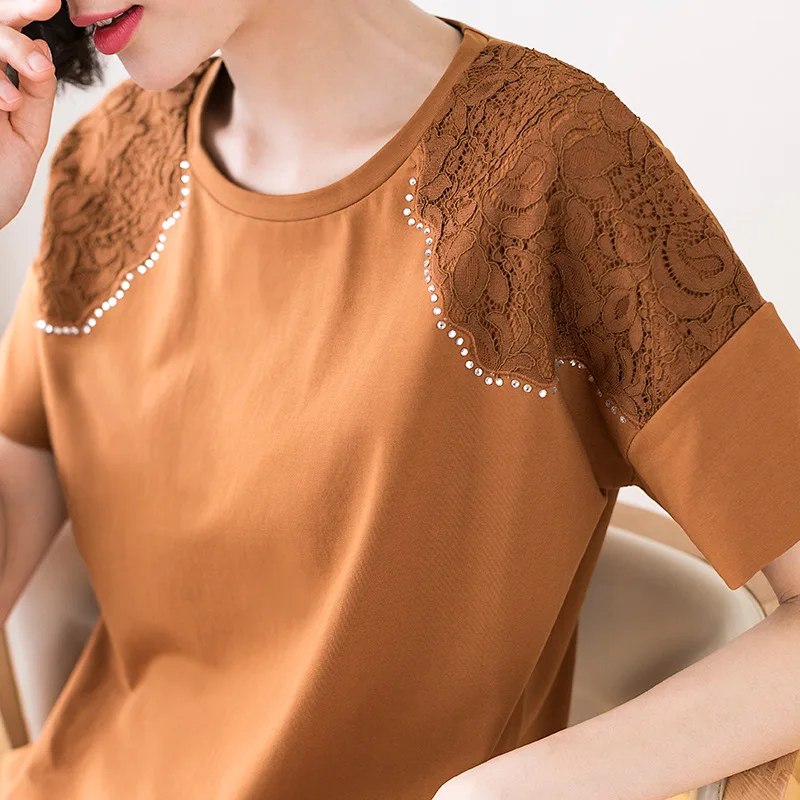 

Chemisier Femme New Diamonds Lace Blouse Summer Tops Cotton Short Sleeve Shirt Women Plus Size Woman Clothes Camisas Mujer 2020