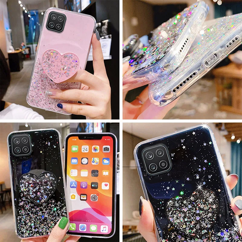 

Case for Samsung A82 A11 A10 A21S A02S A22 Case Glitter Silicone A20E A40 A41 A42 A81 A91 A6 A01 Core Phone Holder Heart Cover