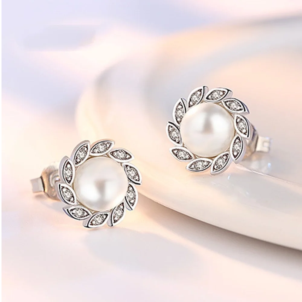 

NEW 925 Sterling Silver Stud Earrings High Quality Woman Fashion Jewelry New Wind Leaf Crystal Zircon Pearl Hot Sale Earrings