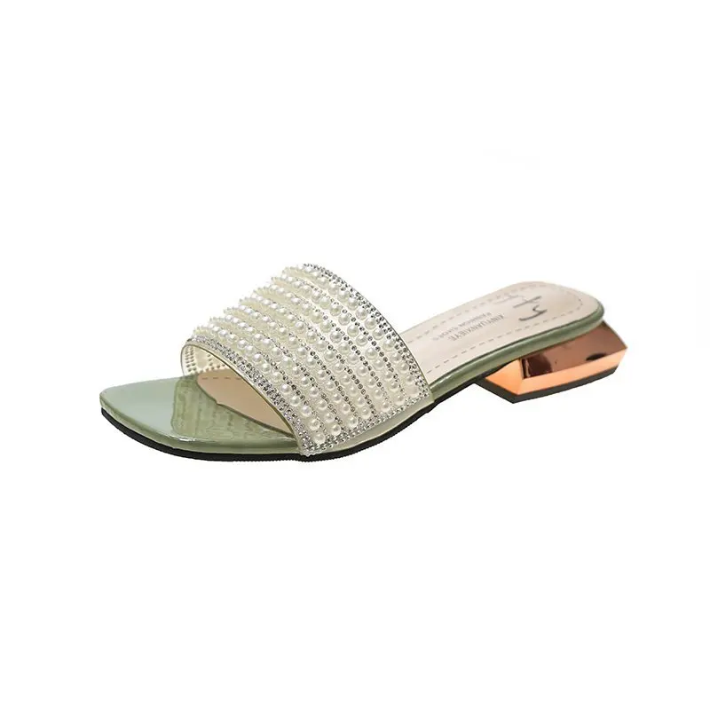 

Square heel Shoes String Bead Slippers Casual Low Slides Jelly Flip Flops Slipers Women Block Luxury Glitter 2021 Summer Rome PU