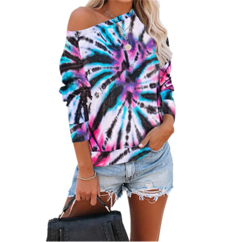 

2020 Women Plus Size T Shirt Long Sleeve Gradient Tie Dye Print Fashion Autumn O Neck T-shirt Casual Loose Ladies Tee Top