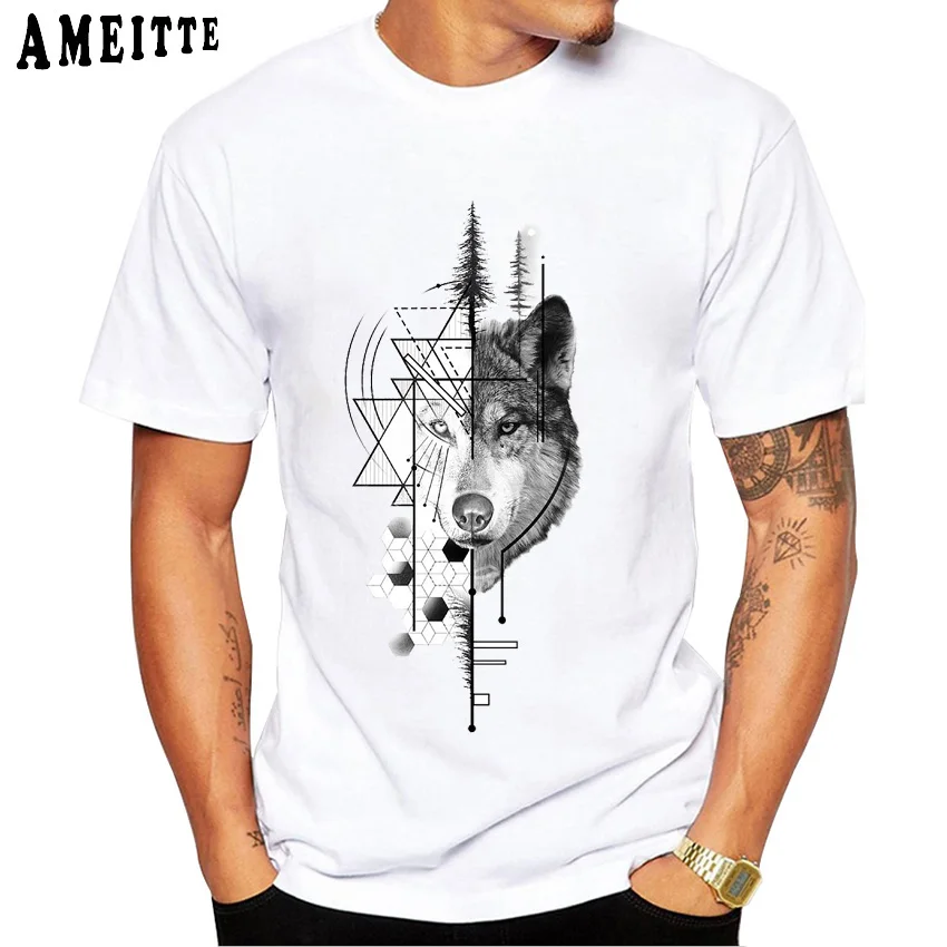 Винтажная забавная футболка в стиле хип хоп с геометрическим принтом волка и