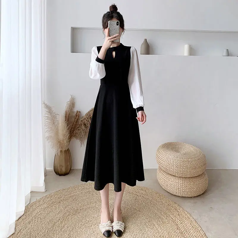 

French mid-length vinatge dress womens 2021 spring and summer new high-waist fashion stitching female hollow out a-line dress