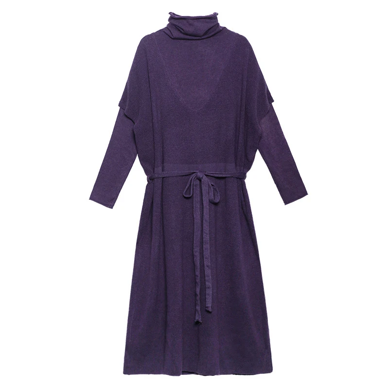 

CHICEVER Knitted Two Piece Set For Women Turtleneck Long Sleeve Pullover With Dress High Waist Lace Up Oversize Sets Female 2020