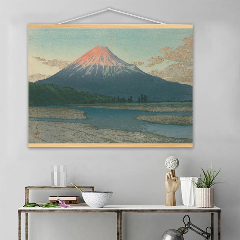 

Japanese Ukiyoe Scroll Painting Mount Fuji Landscape Canvas Wall Art Picture With Wood Hanger Restaurant Home Decor
