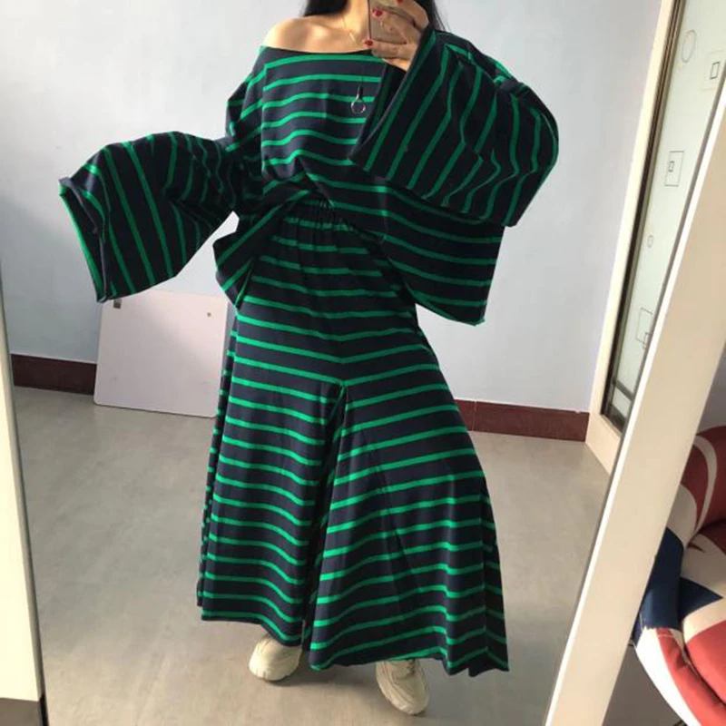 

[EAM] Half-body Skirt Striped Big Size Two Pieces Suit New Slash Neck Long Sleeve Loose Women Fashion Spring Autumn 2021 1X440