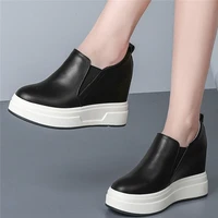 10cm high heel fashion sneakers women genuine leather wedges ankle boots female round toe chunky platform oxfords casual shoes
