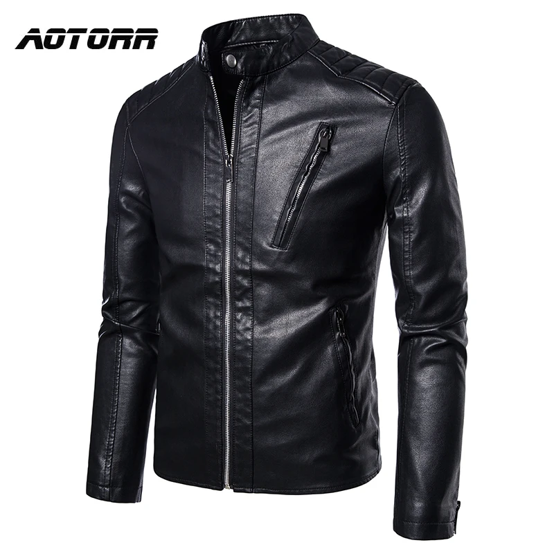 Мужская мотоциклетная куртка из искусственной кожи черная ветровка с воротником