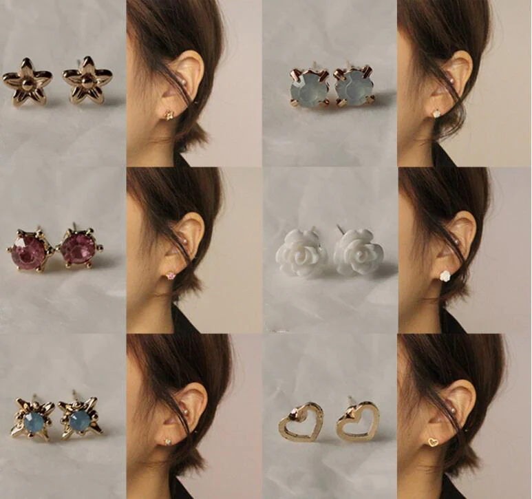 

30pairs/lot of great deals New fashion Korean sweet flower heart-shaped bow woman rose gold color earrings set color set