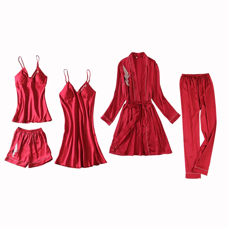 

Women 5PCS Pajamas Suit Exquisite Embroidery Crane Wedding Robe Set Spring Summer Thin Silky Satin Sleepwear Casual Home Clothes