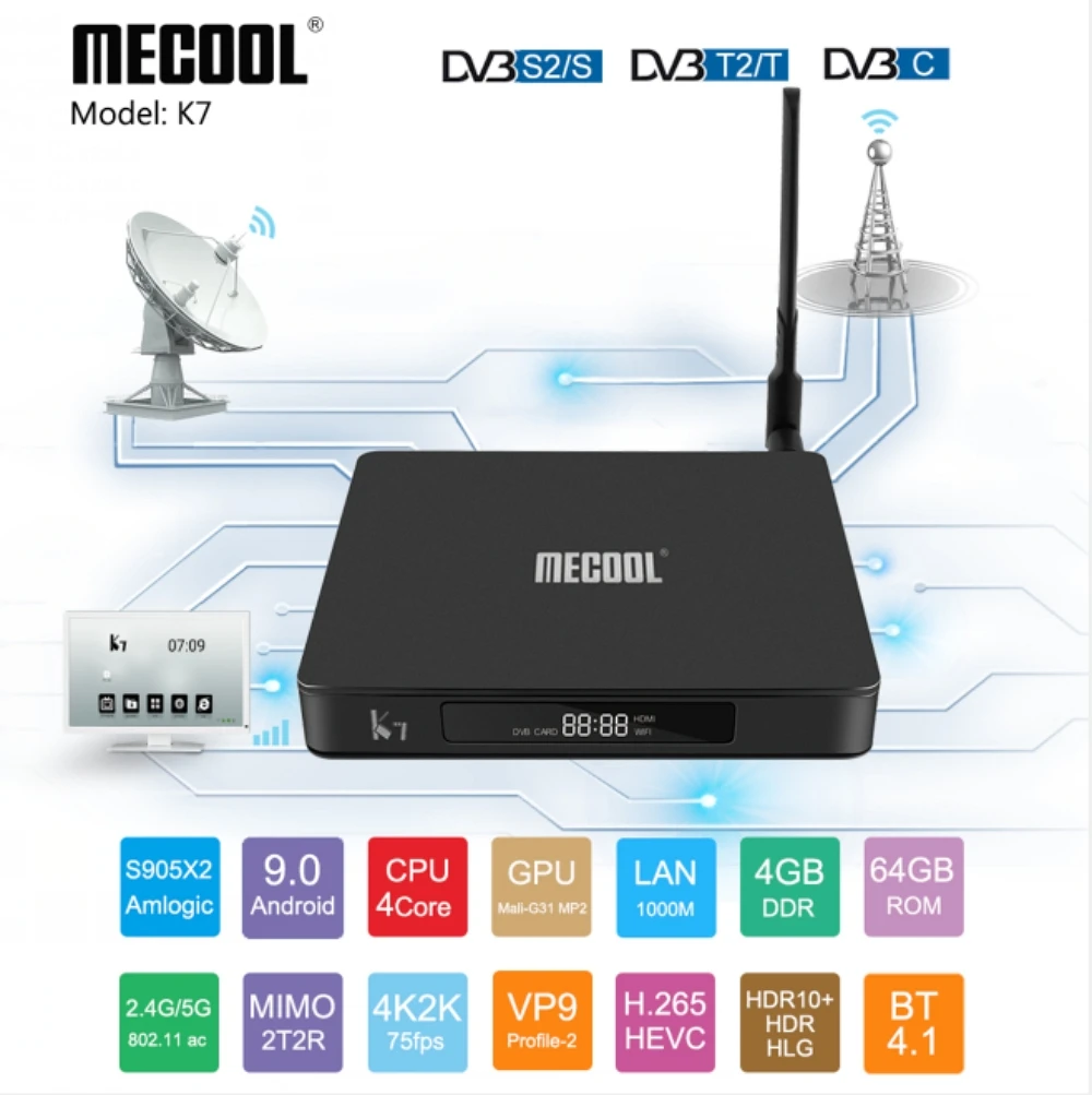 MECOOL K7 DVB S2/T2/TC tv box Amlogic S905X2 Android 9,0 smart tv box 4G LPDDR4 64G 4K 2,4G& 5GHz WiFi Bluetooth 1000M медиаплеер
