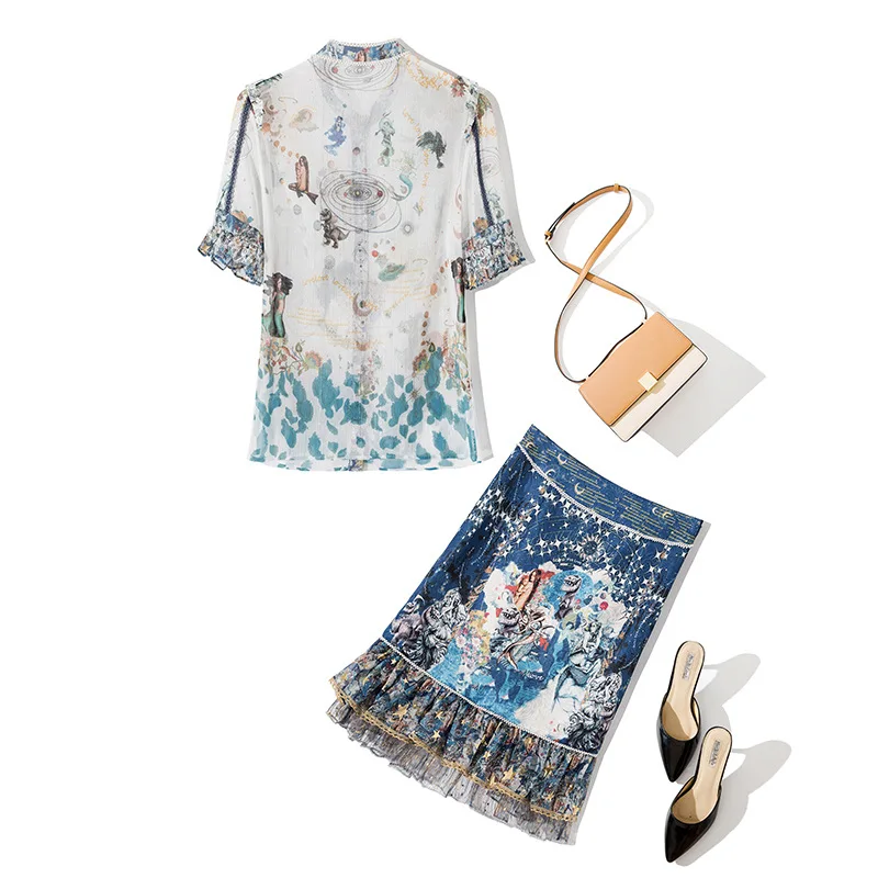 

Summer Runway Women Fashion 2 Piece Sets Luxury Beading Pearls Blouse + Ruffles Skirt Twinset Flower Print Lady Suit