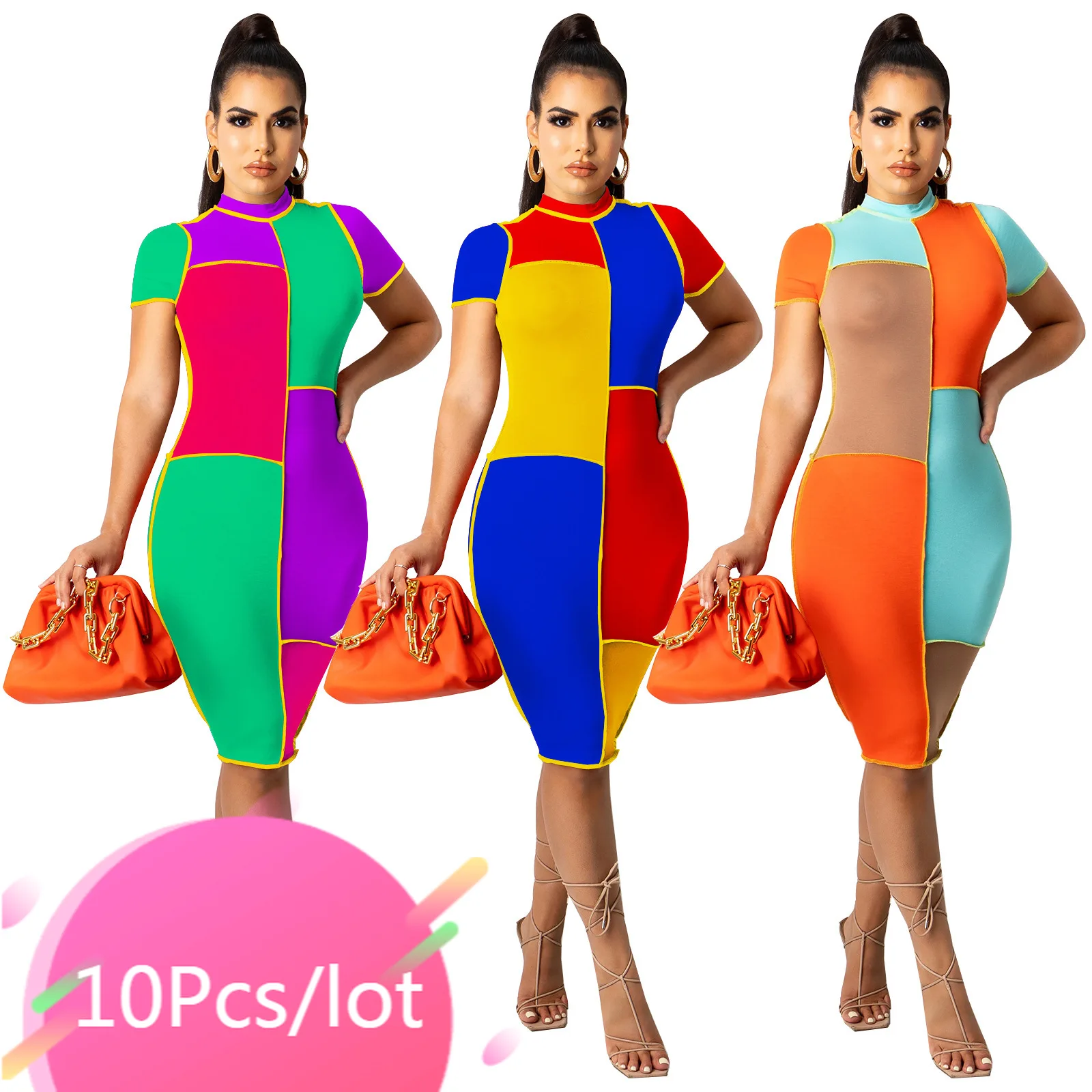 

Оптовая продажа, модное контрастное платье в стиле пэчворк, женское облегающее эластичное платье-миди с коротким рукавом, пикантное вечерн...