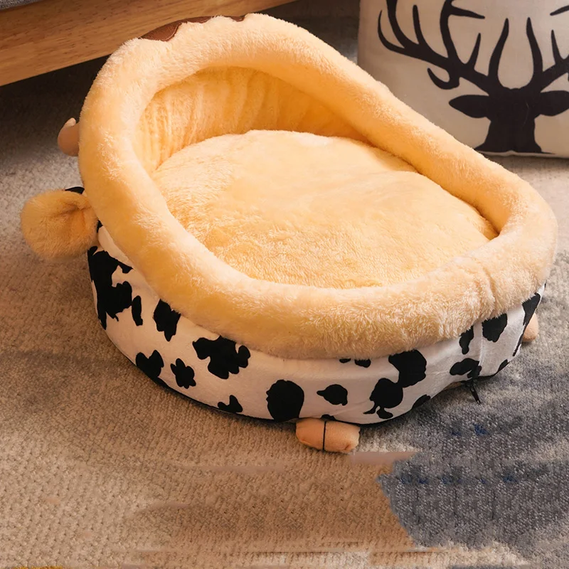 Cow Plus velvet Теплый съемный домик для кошек, собак, кровати, питомник, зимнее моющееся гнездо для питомцев, подстилка для собак, диванная подушка, товары для животных - Цвет: Cow Plus velvet