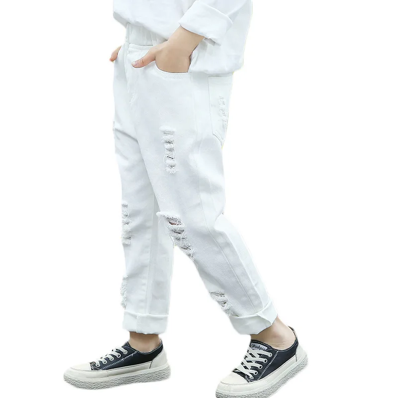 Рваные джинсы для девочек модные детские с белыми дырками одежда подростков 10 12