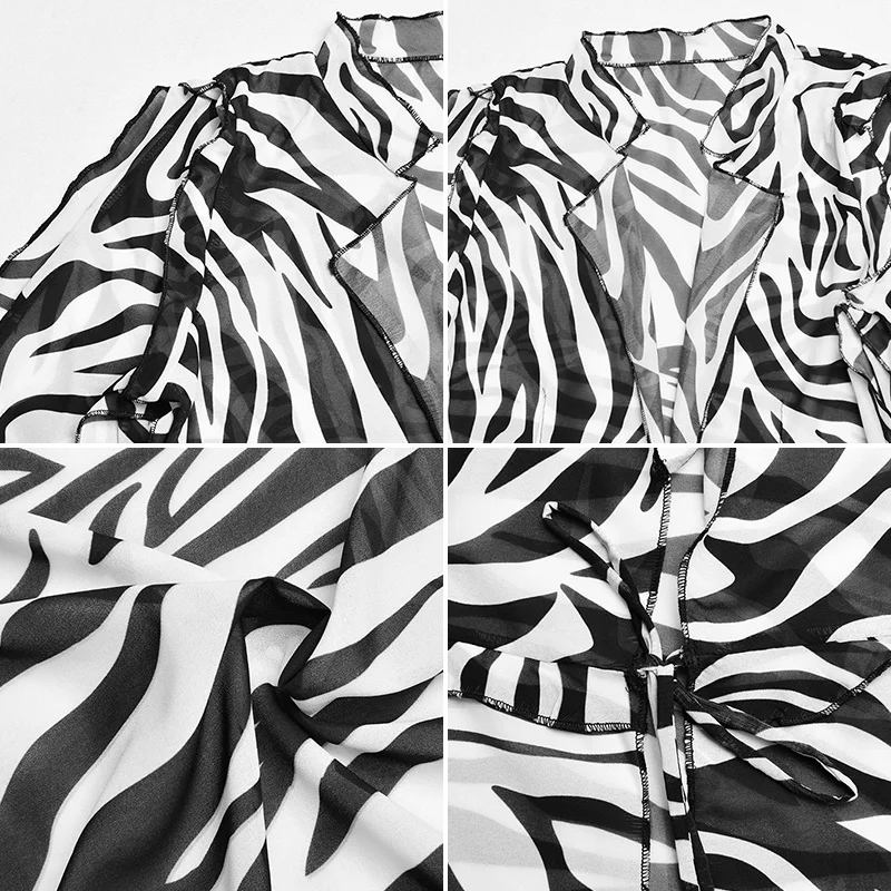 

FANTOYE Chiffon Zebra Printed See Though Cardigan Blouses Women Autumn Sexy Bandage Long Sleeve Shirts Casual Fashion Tops 2021