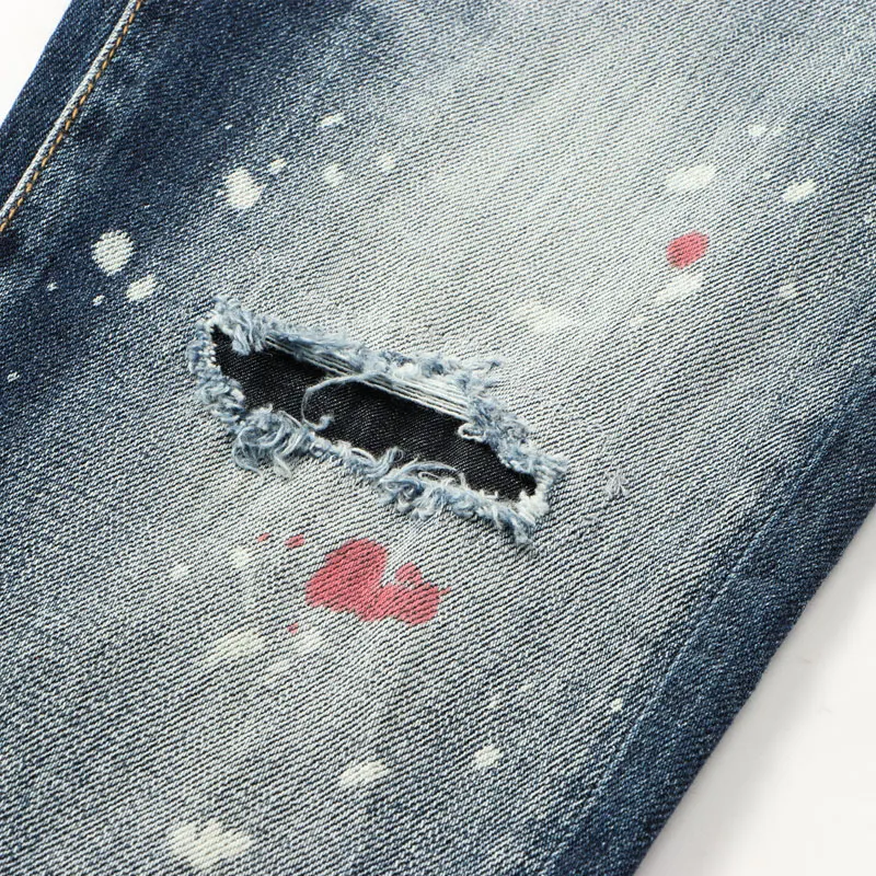 European Street Fashion Men Jeans High Quality Retro Blue Slim Fit Ripped Jeans Men Painted Designer Hip Hop Denim Punk Pants
