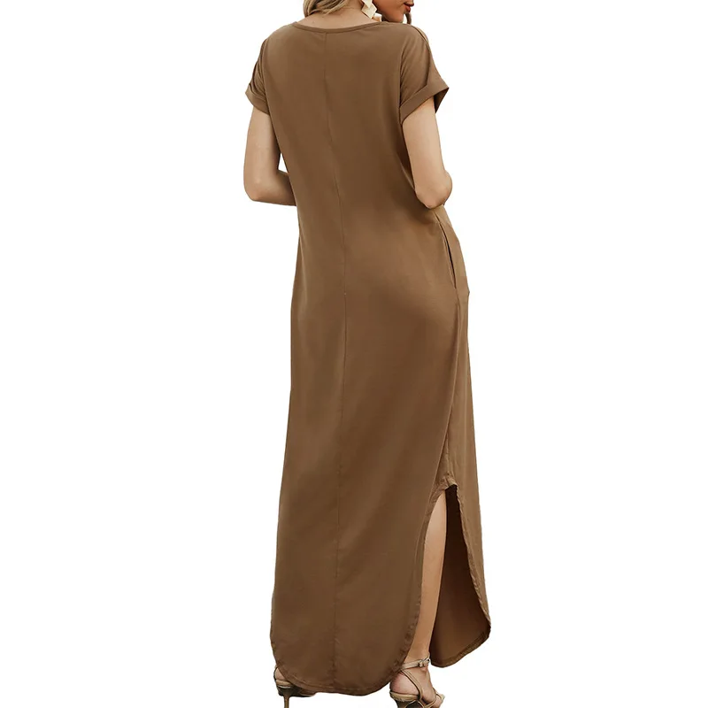 

Summer Casual Women's Pocket Short Sleeve Slit Loose Upper Dress Elegant Letter V-neck Retro Female Office Maxi Bodycon Dresses