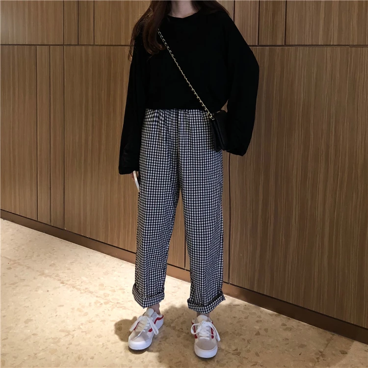 

Female Cute Japan Harajuku Casual Loose Plaid Wide Leg Pants Women's Trousers Japanese Kawaii Harajuku Ulzzang Denim For Women
