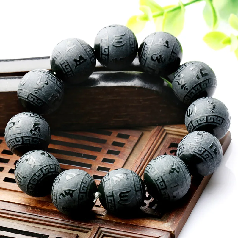 

Drop Shipping Natural XinJiang HeTian Jade Bracelets Lucky Amulet Jade Stone Round Beads Six-word Mantra Bracelet For Women Men