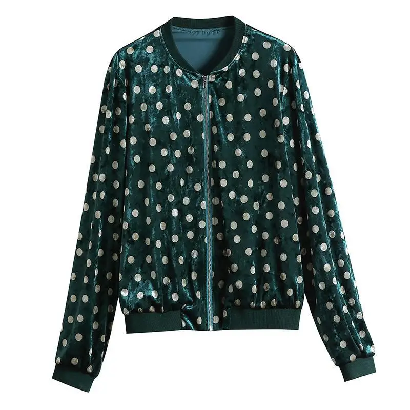 

Retro Dot Print Zip Up Velvet Jacket Women Plus Size 4XL Vintage Long Sleeve Loose Baseball Coat Spring Casual Unlined Outerwear