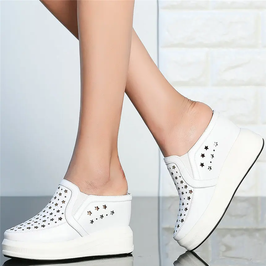 Summer Fashion Sneakers Women Genuine Leather Wedges High Heel Gladiator Sandals Female Hollow Round Toe Pumps Shoe Casual Shoes