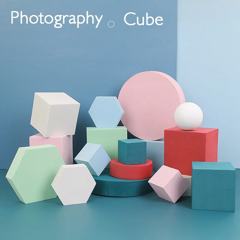 

Life Photography Background Props Hard Foam White Blue Pink Red Geometric Cube for tabletop Shoot Material Fotografia Decorate