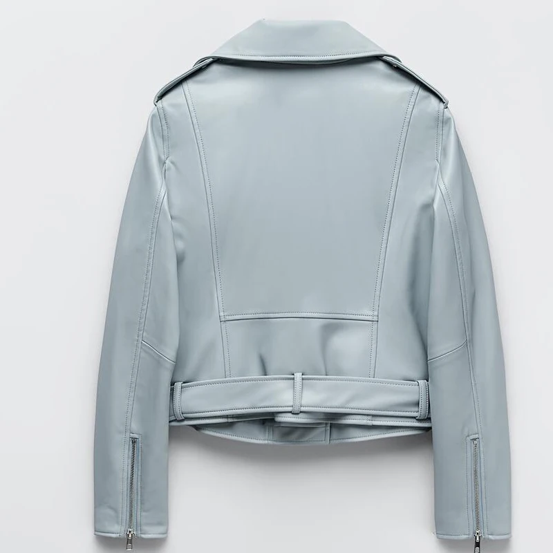 

2021 Spring Autumn Women Fashion Blue Black Faux Leather Jacket Solid Zipper With Belt Biker Coat Female Casual Outwear Ladies