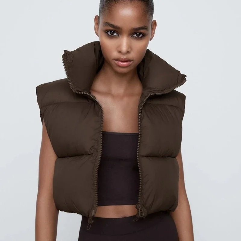 

Fashion Autumn Cotton Vest Coat Women Elegant Stand Collar Solid Simple Zipper Coats Women Casual High Waisted Vests Ladies