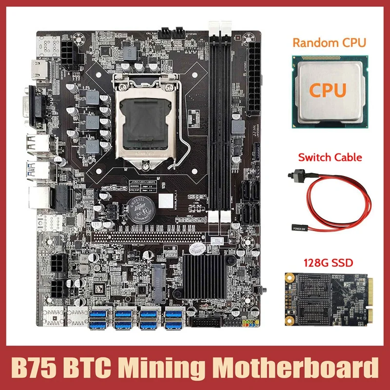 

NEW-B75 ETH Mining Motherboard+CPU+128G MSATA SSD+Switch Cable LGA1155 8XPCIE to USB DDR3 B75 USB BTC Miner Motherboard
